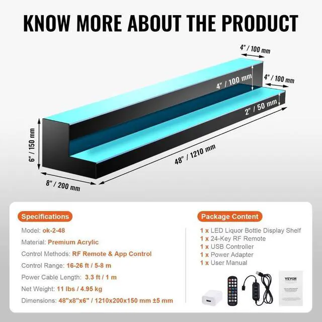 Alt view image 6 of 7 - VEVOR LED Lighted Liquor Bottle Display Bar Shelf RF & App Control 48" 2-Step