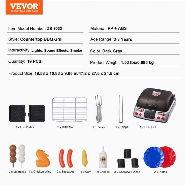 Alt view image 7 of 7 - VEVOR 19 PCS Kids BBQ Grill Playset Cooking Grill Toy Set with Smoke Sound Light