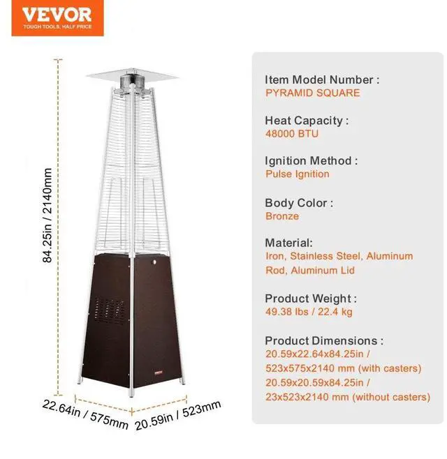 Alt view image 7 of 14 - VEVOR  Propane Patio Heater 48000BTU Pyramid w/Wheels for Outdoor Patio Bronze