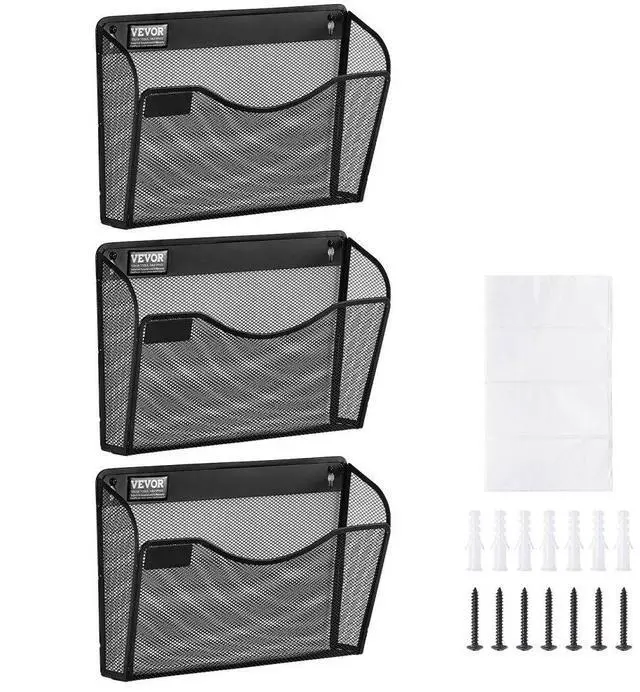 Main image of VEVOR  Hanging Wall Files Organizer, 3 Pack Single Pocket Mesh Wall File Holder, Metal Wall Folder Organizer with Nametag Label, for Office Home & School