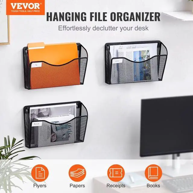 Alt view image 2 of 7 - VEVOR  Hanging Wall Files Organizer, 3 Pack Single Pocket Mesh Wall File Holder, Metal Wall Folder Organizer with Nametag Label, for Office Home & School