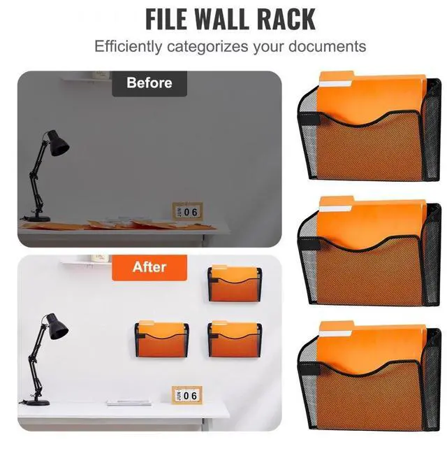 Alt view image 3 of 7 - VEVOR  Hanging Wall Files Organizer, 3 Pack Single Pocket Mesh Wall File Holder, Metal Wall Folder Organizer with Nametag Label, for Office Home & School