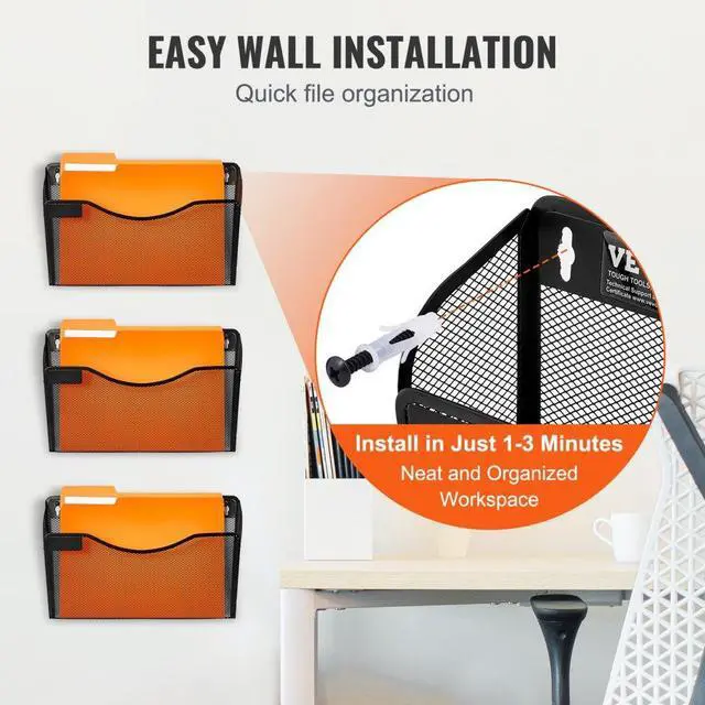 Alt view image 6 of 7 - VEVOR  Hanging Wall Files Organizer, 3 Pack Single Pocket Mesh Wall File Holder, Metal Wall Folder Organizer with Nametag Label, for Office Home & School