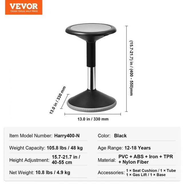 Alt view image 7 of 7 - VEVOR  Wobble Chair, Height-Adjustable (15.7-21.7") Active Chair, Flexible Seating Wobble Stool Made of PVC+ABS Improves Focus & Posture, Ideal for Schools, Office and Home, Age 12-18, Black