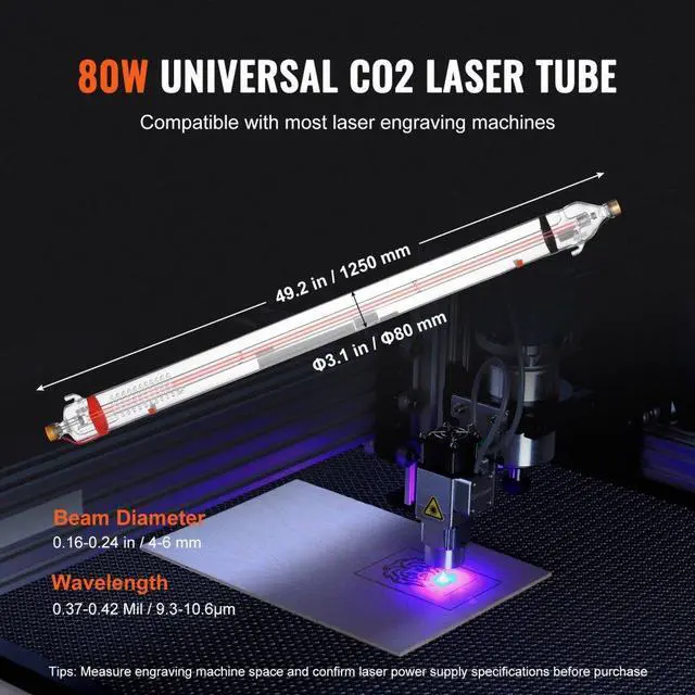 Alt view image 3 of 7 - VEVOR  90W CO2 Laser Tube 49.2 in / 1250 mm Borosilicate Glass Laser Cutter Tube