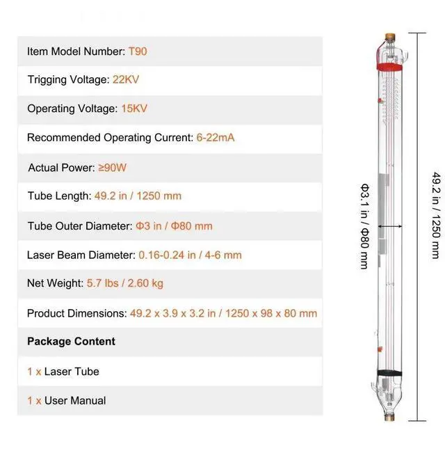 Alt view image 7 of 7 - VEVOR  90W CO2 Laser Tube 49.2 in / 1250 mm Borosilicate Glass Laser Cutter Tube