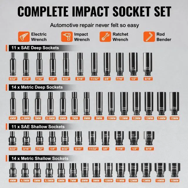 Alt view image 3 of 7 - VEVOR Impact Sockets Set 55pcs 6-Point 1/4" Drive Bit Ratchet Tool Kit Case