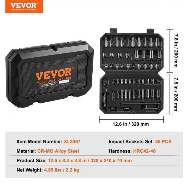 Alt view image 7 of 7 - VEVOR Impact Sockets Set 55pcs 6-Point 1/4" Drive Bit Ratchet Tool Kit Case