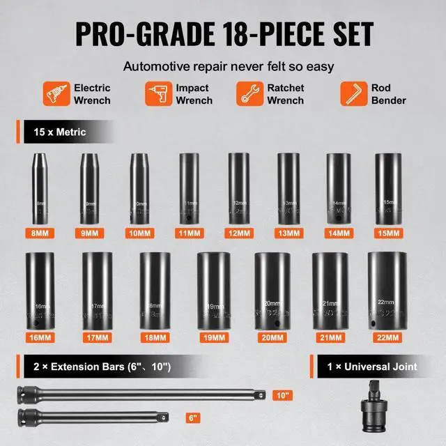 Alt view image 3 of 7 - VEVOR Impact Sockets Set 18pcs 6-Point 3/8" Drive Bit Ratchet Tool Kit Case