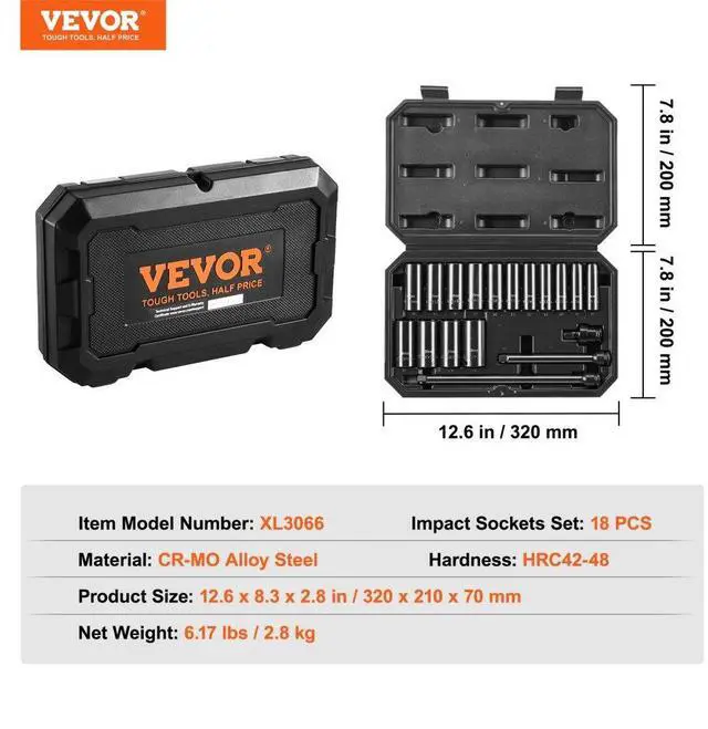 Alt view image 7 of 7 - VEVOR Impact Sockets Set 18pcs 6-Point 3/8" Drive Bit Ratchet Tool Kit Case