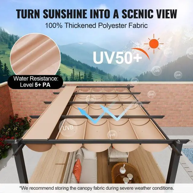 Alt view image 3 of 7 - VEVOR  10'x13' Outdoor Retractable Pergola with Sun Shade Canopy Aluminum Beige
