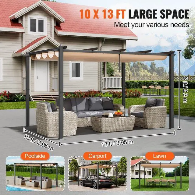 Alt view image 5 of 7 - VEVOR  10'x13' Outdoor Retractable Pergola with Sun Shade Canopy Aluminum Beige