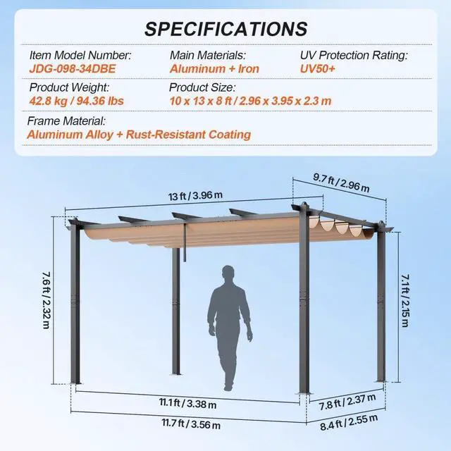 Alt view image 7 of 7 - VEVOR  10'x13' Outdoor Retractable Pergola with Sun Shade Canopy Aluminum Beige