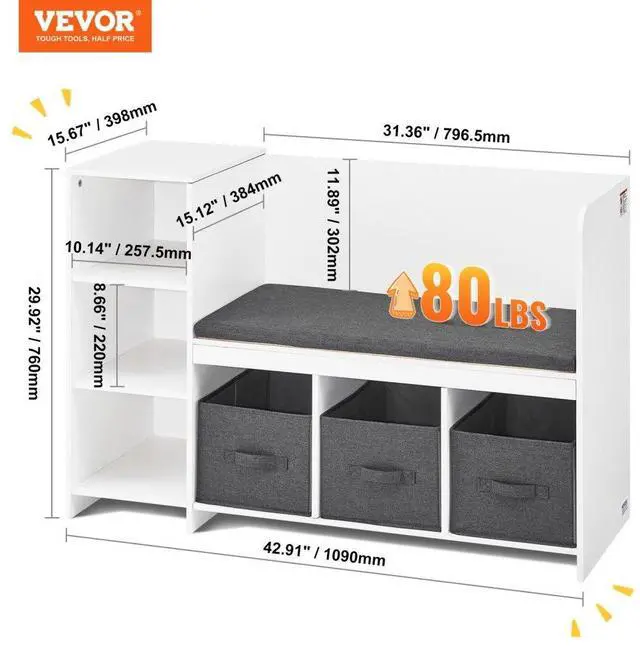 Alt view image 2 of 7 - VEVOR Kids Reading Nook Bench, Toddler Bookshelf and Bookcase with Detachable Seat Cushion, 6-Cubby Storage Organizer Bench with 3 Drawers, Ideal for Playroom, Bedroom, Living Room or Entryway, White