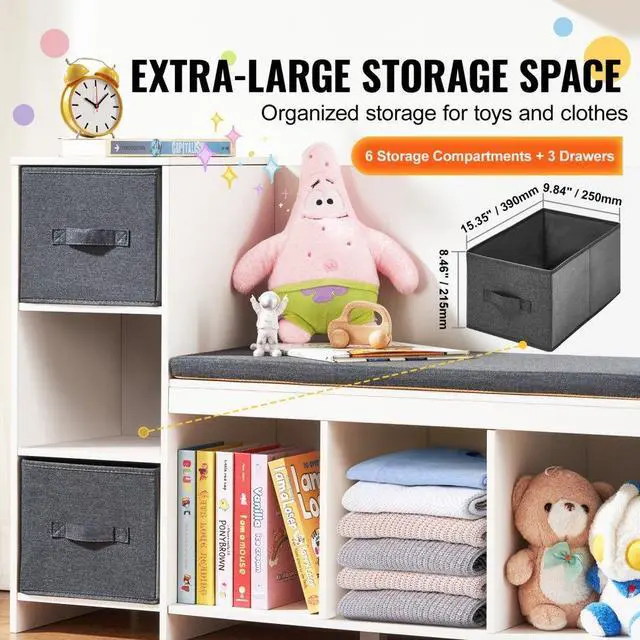 Alt view image 3 of 7 - VEVOR Kids Reading Nook Bench, Toddler Bookshelf and Bookcase with Detachable Seat Cushion, 6-Cubby Storage Organizer Bench with 3 Drawers, Ideal for Playroom, Bedroom, Living Room or Entryway, White
