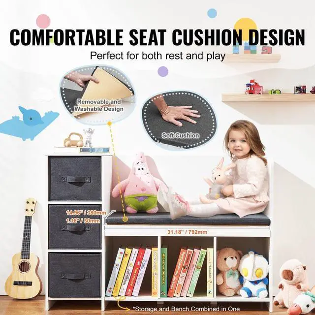 Alt view image 4 of 7 - VEVOR Kids Reading Nook Bench, Toddler Bookshelf and Bookcase with Detachable Seat Cushion, 6-Cubby Storage Organizer Bench with 3 Drawers, Ideal for Playroom, Bedroom, Living Room or Entryway, White