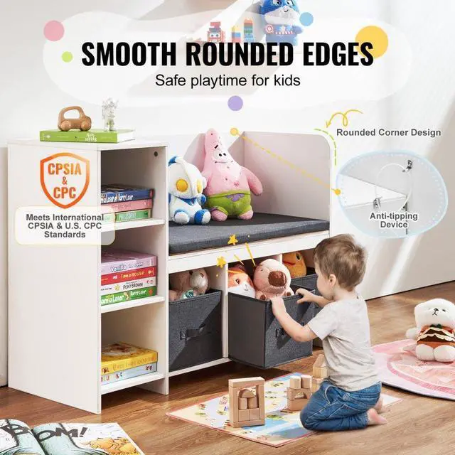 Alt view image 5 of 7 - VEVOR Kids Reading Nook Bench, Toddler Bookshelf and Bookcase with Detachable Seat Cushion, 6-Cubby Storage Organizer Bench with 3 Drawers, Ideal for Playroom, Bedroom, Living Room or Entryway, White