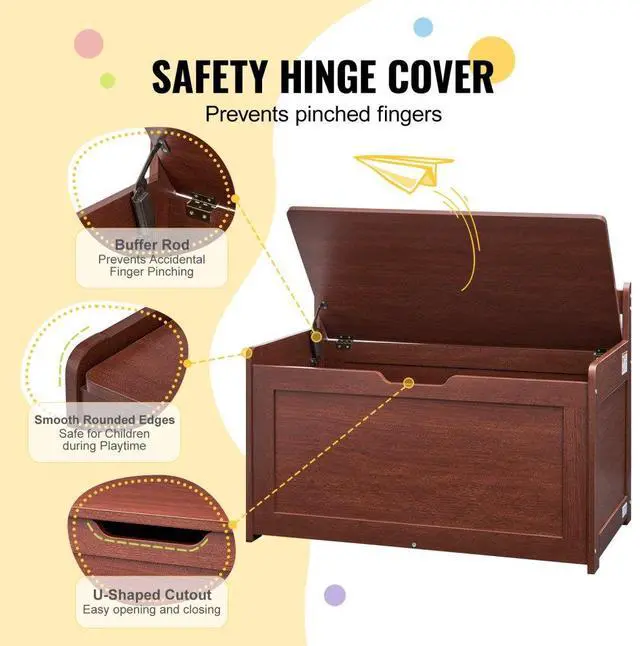 Alt view image 4 of 7 - VEVOR Wooden Toy Chest for Kids, Toddler Toy Storage Box with Flip-Top Lid and Safety Hinge, 32.68 x 17.91 x 24.02 Large Kids Storage Bench for Playroom, Bedroom, Living Room or Entryway, Cherry