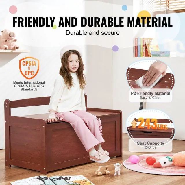 Alt view image 5 of 7 - VEVOR Wooden Toy Chest for Kids, Toddler Toy Storage Box with Flip-Top Lid and Safety Hinge, 32.68 x 17.91 x 24.02 Large Kids Storage Bench for Playroom, Bedroom, Living Room or Entryway, Cherry