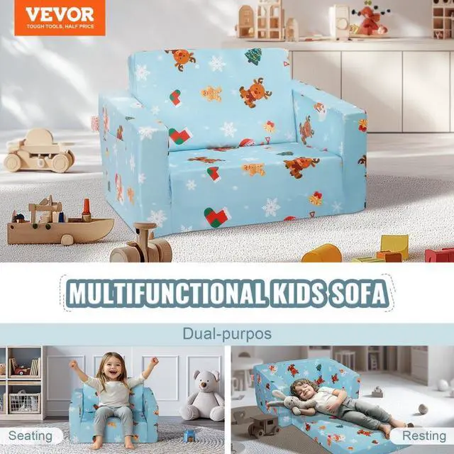 Alt view image 2 of 7 - VEVOR Kids Christmas Couch, 2-in-1 Toddler Chairs Comfy, Toddler Couch Sofa Bed Fold Out, Convertible Sofa to Lounger, Kids Chair Seat Playroom Furniture for Kids Girls & Boys, Sky Blue
