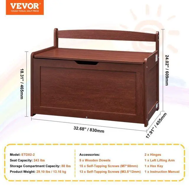 Alt view image 7 of 7 - VEVOR Wooden Toy Chest for Kids, Toddler Toy Storage Box with Flip-Top Lid and Safety Hinge, 32.68 x 17.91 x 24.02 Large Kids Storage Bench for Playroom, Bedroom, Living Room or Entryway, Cherry