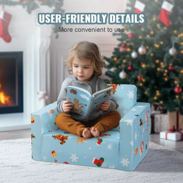 Alt view image 6 of 7 - VEVOR Kids Christmas Couch, 2-in-1 Toddler Chairs Comfy, Toddler Couch Sofa Bed Fold Out, Convertible Sofa to Lounger, Kids Chair Seat Playroom Furniture for Kids Girls & Boys, Sky Blue