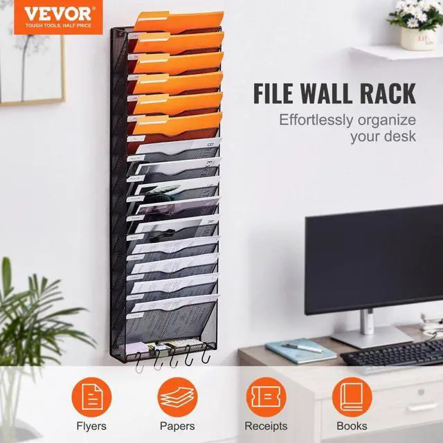 Alt view image 2 of 7 - VEVOR  Hanging Wall Files Organizer, 16-Tier Vertical Wall File Holder, Metal Wall Mounted Magazine Mail Paper Document Storage Folder, with Nametag Label, Bottom Flat Tray, for Office Home & School