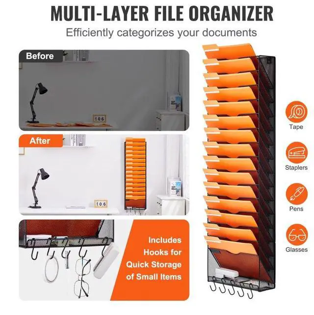 Alt view image 3 of 7 - VEVOR  Hanging Wall Files Organizer, 16-Tier Vertical Wall File Holder, Metal Wall Mounted Magazine Mail Paper Document Storage Folder, with Nametag Label, Bottom Flat Tray, for Office Home & School