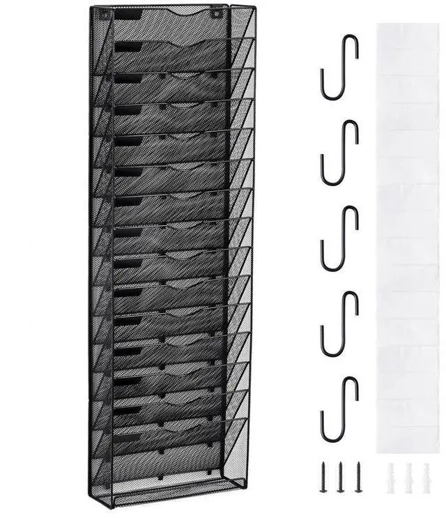Main image of VEVOR  Hanging Wall Files Organizer, 16-Tier Vertical Wall File Holder, Metal Wall Mounted Magazine Mail Paper Document Storage Folder, with Nametag Label, Bottom Flat Tray, for Office Home & School