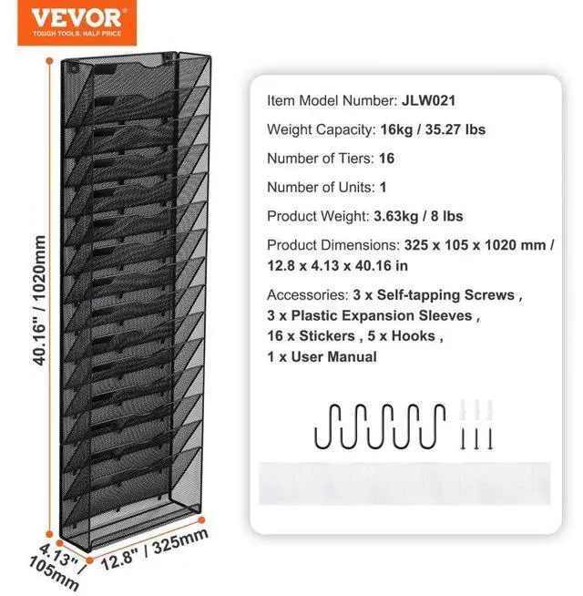 Alt view image 7 of 7 - VEVOR  Hanging Wall Files Organizer, 16-Tier Vertical Wall File Holder, Metal Wall Mounted Magazine Mail Paper Document Storage Folder, with Nametag Label, Bottom Flat Tray, for Office Home & School