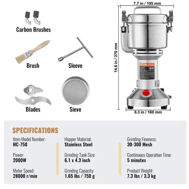 Alt view image 7 of 7 - VEVOR 750g Commercial Spice Grinder Electric Grain Mill Grinder High Speed
