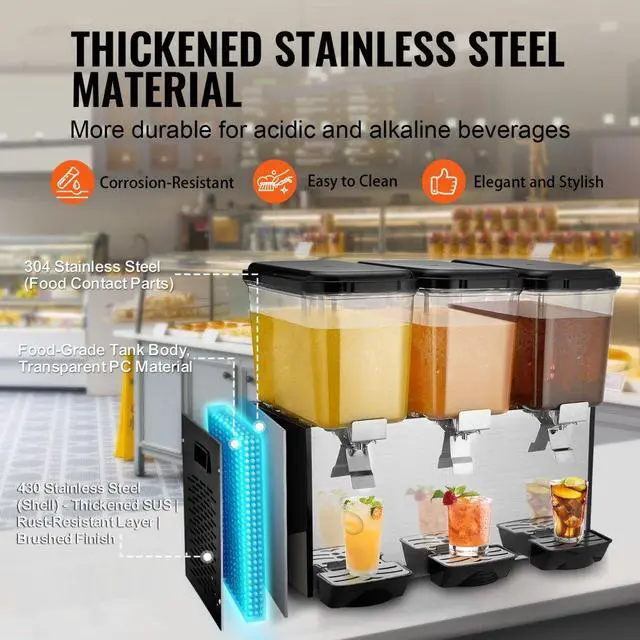 Alt view image 4 of 7 - VEVOR  Commercial Beverage Dispenser 18L x 3 Tanks Cold Juice Ice Drink Dispenser