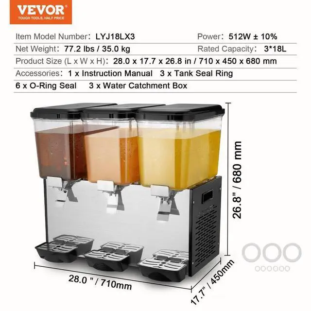 Alt view image 7 of 7 - VEVOR  Commercial Beverage Dispenser 18L x 3 Tanks Cold Juice Ice Drink Dispenser
