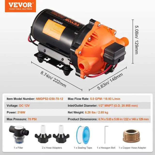 Alt view image 7 of 7 - VEVOR 12V Diaphragm Pump 5GPM 18.93 L/min 5-Chamber Water Pump Pressure Switch