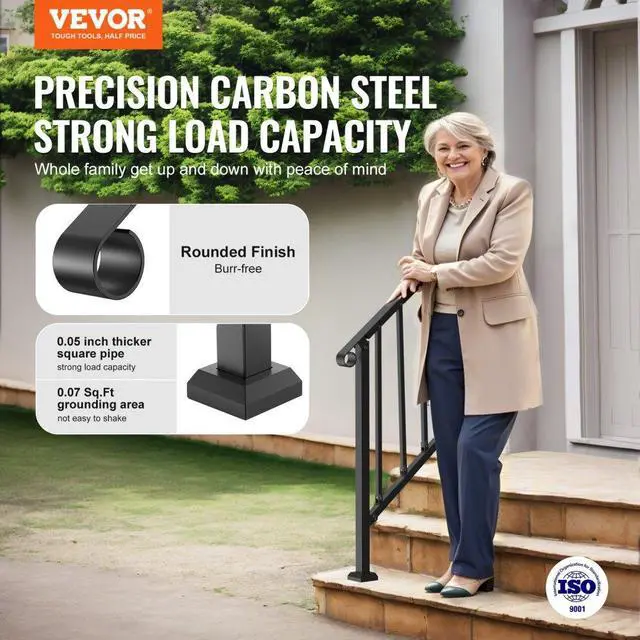 Alt view image 2 of 7 - VEVOR 2-3 Step Handrails for Outdoor for Seniors Porch Deck Black Retro Arch