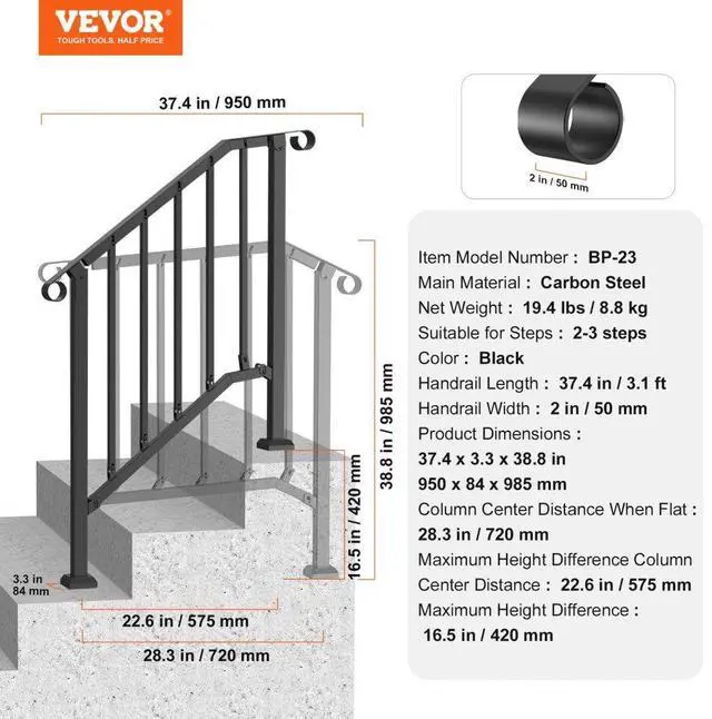 Alt view image 7 of 7 - VEVOR 2-3 Step Handrails for Outdoor for Seniors Porch Deck Black Retro Arch