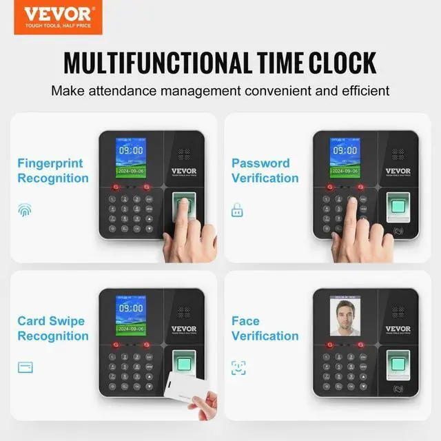 Alt view image 2 of 7 - VEVOR Time Clocks for Employees Small Business with Face, Fingerprint, RFID and PIN Punching in One, Biometric Time Clock with 5 RFID Cards & USB Drive, Automatic Punch in/Out, No Monthly Fees