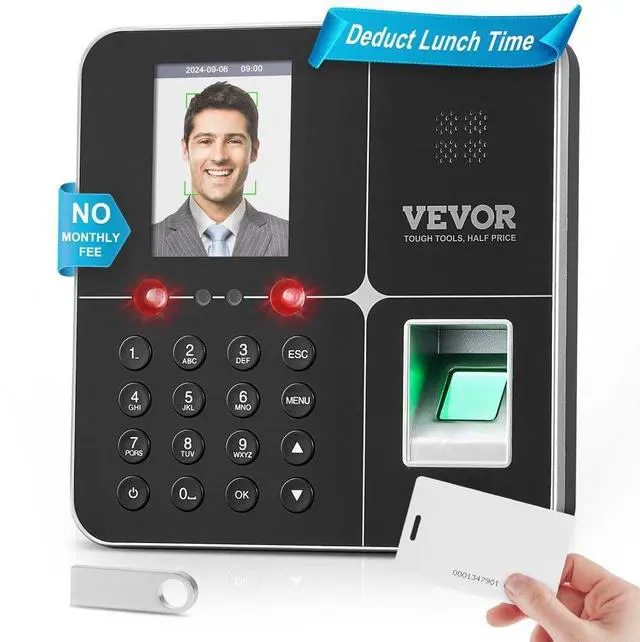 Main image of VEVOR Time Clocks for Employees Small Business with Face, Fingerprint, RFID and PIN Punching in One, Biometric Time Clock with 5 RFID Cards & USB Drive, Automatic Punch in/Out, No Monthly Fees
