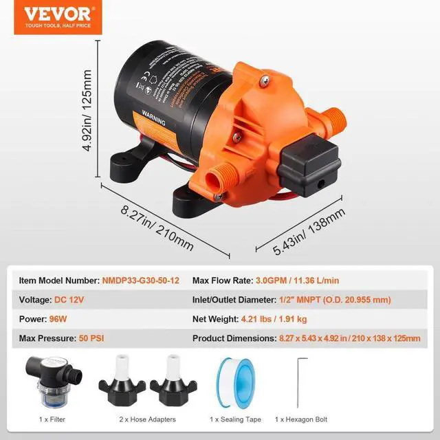 Alt view image 7 of 7 - VEVOR 12V Diaphragm Pump 3GPM 11.36 L/min 3-Chamber Water Pump Pressure Switch