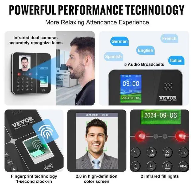 Alt view image 5 of 7 - VEVOR Time Clocks for Employees Small Business with Face, Fingerprint, RFID and PIN Punching in One, Biometric Time Clock with 5 RFID Cards & USB Drive, Automatic Punch in/Out, No Monthly Fees