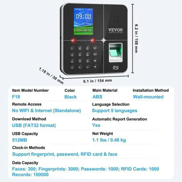 Alt view image 7 of 7 - VEVOR Time Clocks for Employees Small Business with Face, Fingerprint, RFID and PIN Punching in One, Biometric Time Clock with 5 RFID Cards & USB Drive, Automatic Punch in/Out, No Monthly Fees