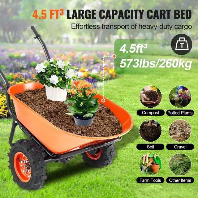 Alt view image 5 of 7 - VEVOR Electric Wheelbarrow Cart, 500W Powered Utility Garden Wagon Dump Cart, 4.5 Cu. Ft. Load & 573 lbs Capacity with Metal Handle & 16" Track Wheels, Two Wheel Barrow Yard Cart & Wagons for Lawn