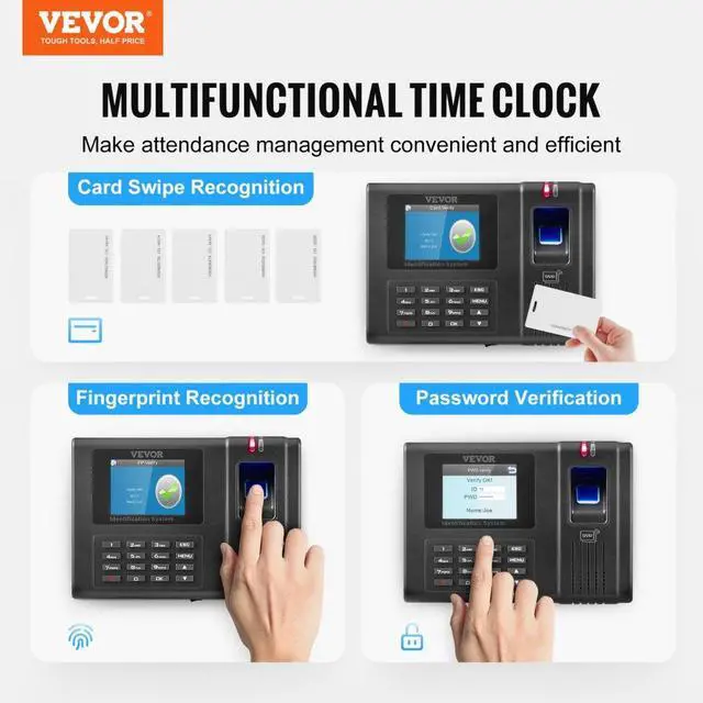 Alt view image 2 of 7 - VEVOR Time Clock, Employee Attendance Machine with Fingerprint, RFID and PIN Punching in One, Standalone Biometric Clock in Machine for Employees Small Business with 5 RFID Cards & No Monthly Fees
