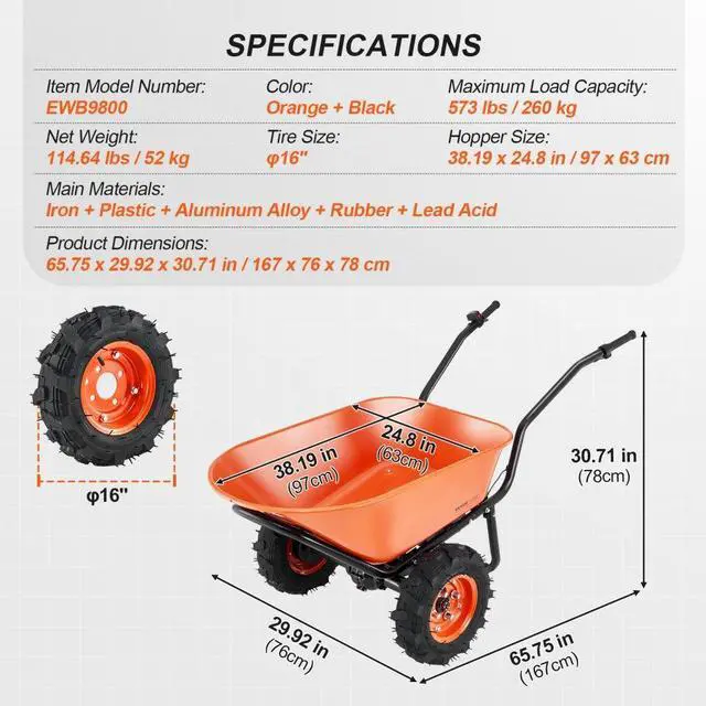 Alt view image 7 of 7 - VEVOR Electric Wheelbarrow Cart, 500W Powered Utility Garden Wagon Dump Cart, 4.5 Cu. Ft. Load & 573 lbs Capacity with Metal Handle & 16" Track Wheels, Two Wheel Barrow Yard Cart & Wagons for Lawn