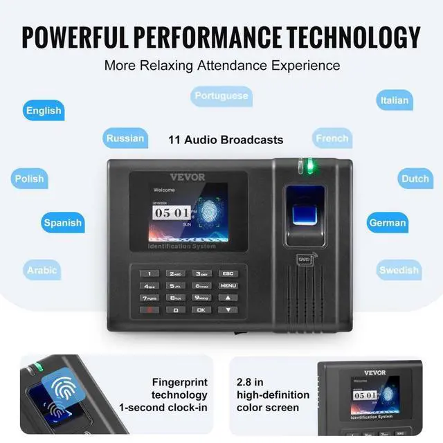 Alt view image 5 of 7 - VEVOR Time Clock, Employee Attendance Machine with Fingerprint, RFID and PIN Punching in One, Standalone Biometric Clock in Machine for Employees Small Business with 5 RFID Cards & No Monthly Fees