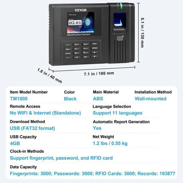Alt view image 7 of 7 - VEVOR Time Clock, Employee Attendance Machine with Fingerprint, RFID and PIN Punching in One, Standalone Biometric Clock in Machine for Employees Small Business with 5 RFID Cards & No Monthly Fees