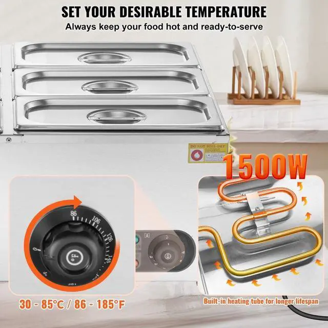 Alt view image 3 of 7 - VEVOR 6-Pan Commercial Electric Food Warmer Countertop Buffet 6*8Qt Pan Bain Marie