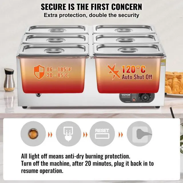 Alt view image 4 of 7 - VEVOR 6-Pan Commercial Electric Food Warmer Countertop Buffet 6*8Qt Pan Bain Marie