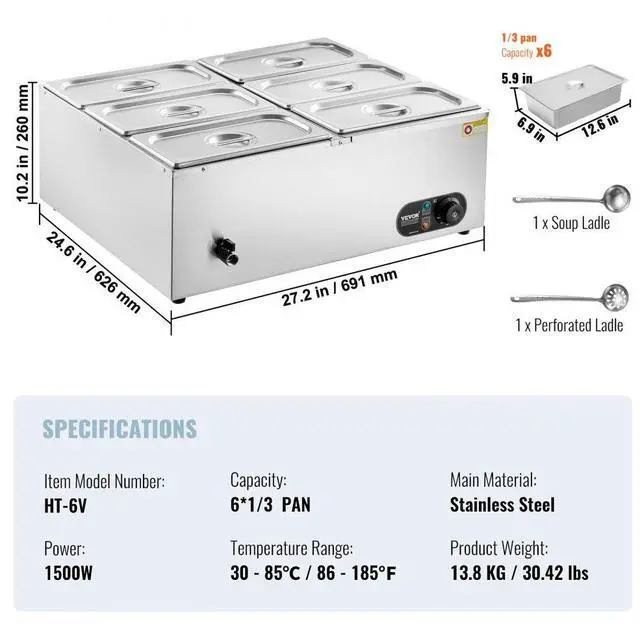 Alt view image 7 of 7 - VEVOR 6-Pan Commercial Electric Food Warmer Countertop Buffet 6*8Qt Pan Bain Marie