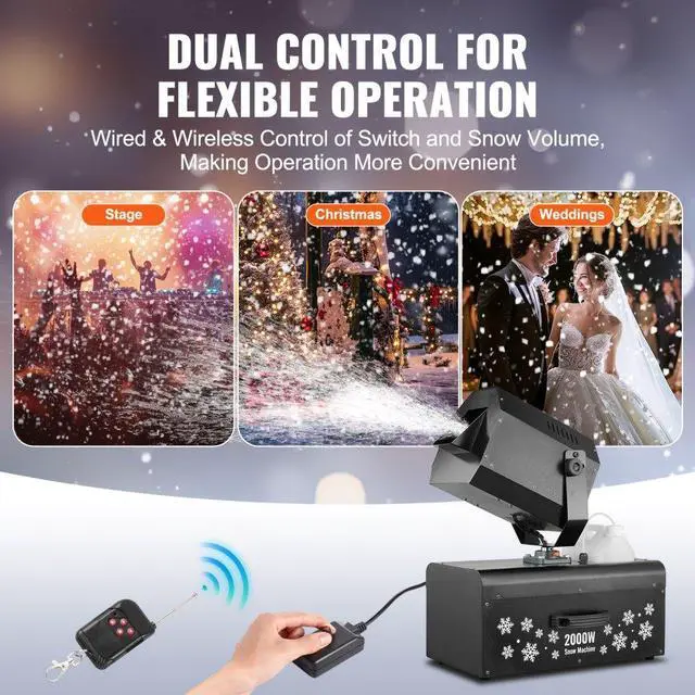 Alt view image 4 of 7 - VEVOR  Snow Machine 2000W Wireless Remote Swing Snow Making Machine for Holiday